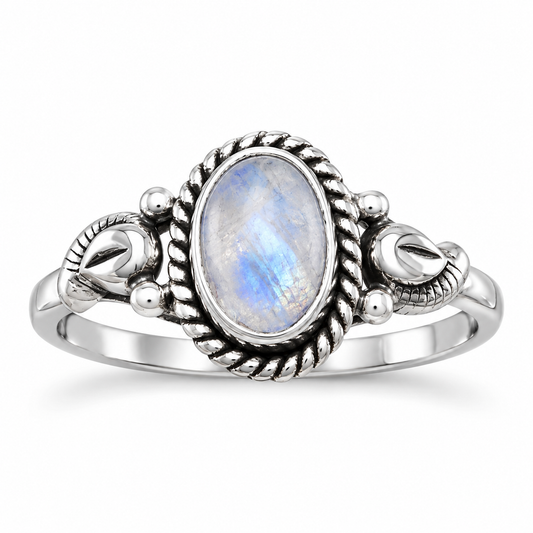 Oxidized Rainbow Moonstone Rope Edge Ring 925 Silver 5x7mm 1.5mm Band