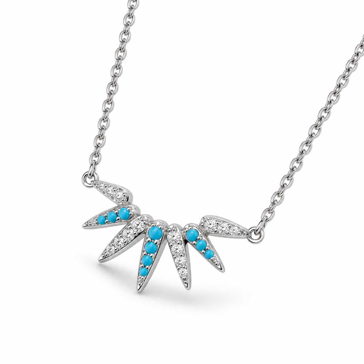 Sunray Spike Pendant Necklace Rhodium 925 Silver Turquoise CZ 20.3x9.3mm 16+2in
