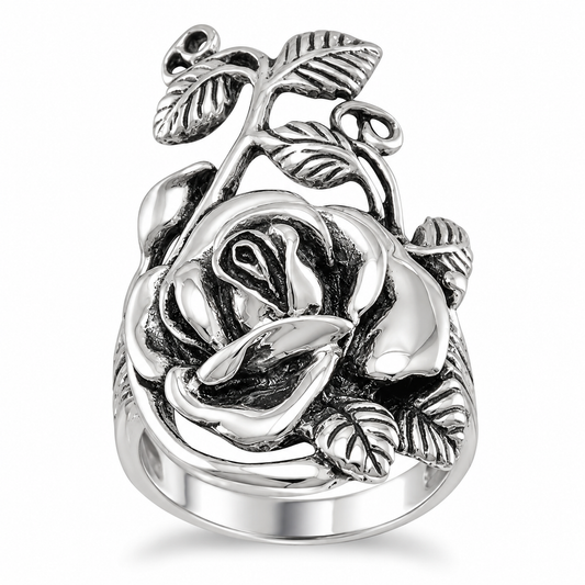 Oxidized Rose Ring 925 Sterling Silver Rose Stem Leaf Design 18.5x32mm