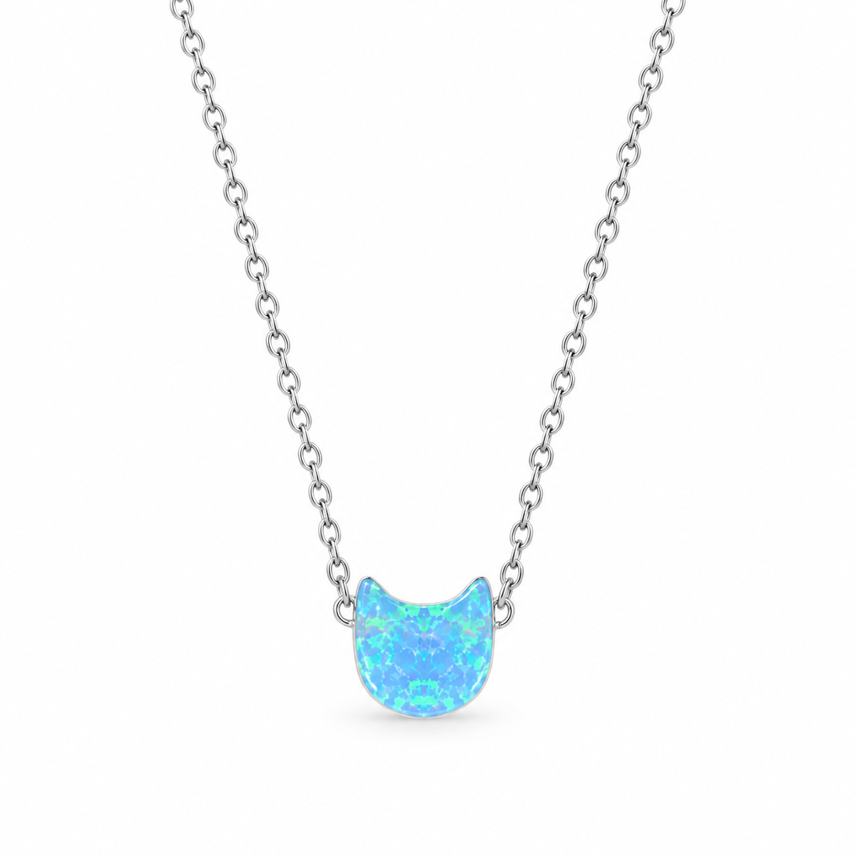 Blue Opal Kitty Cat Face Necklace Rhodium 925 Silver Synthetic 6.5x10mm 16+2in
