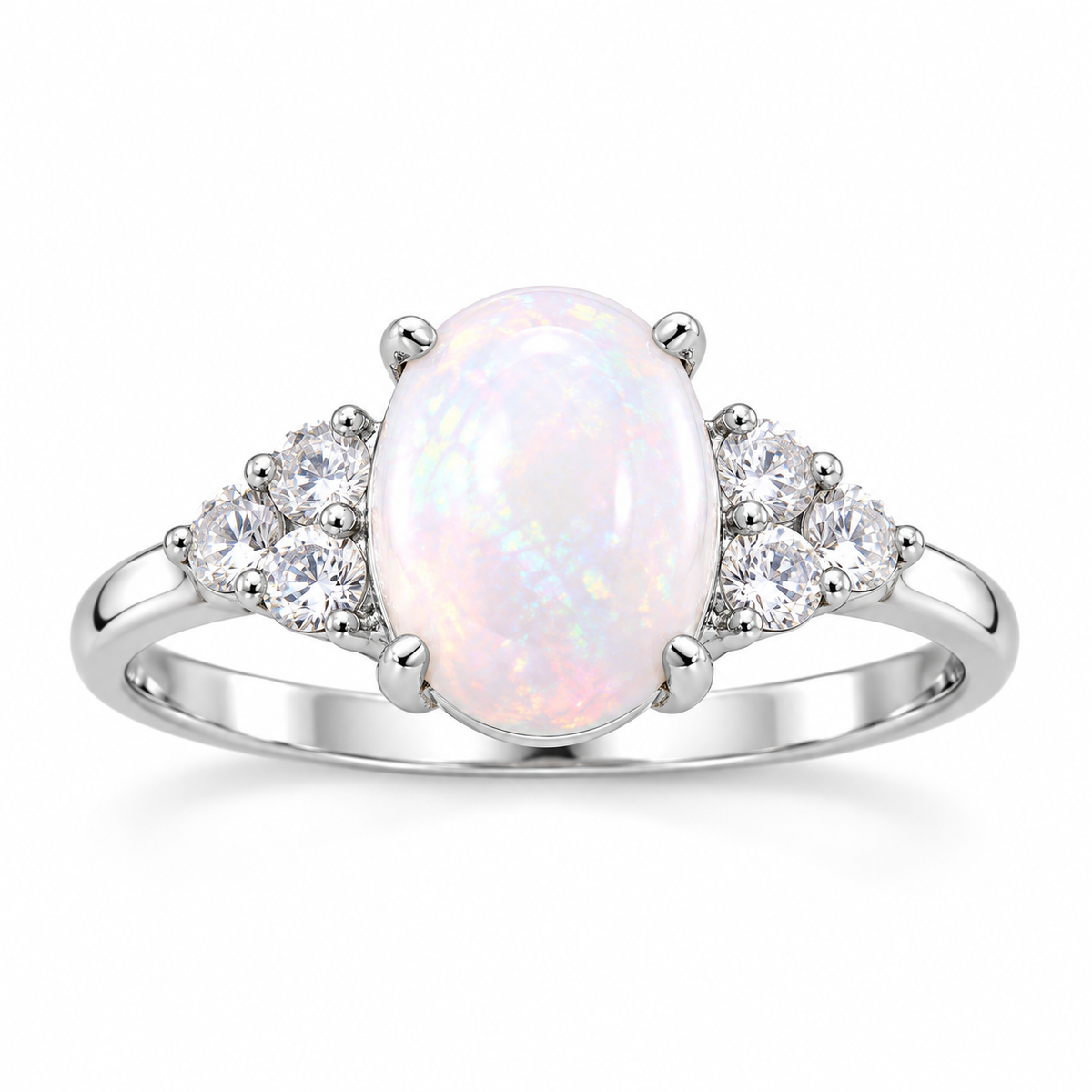 Rhodium Plated Genuine Australian Opal Ring 925 Silver White Topaz 7x9mm