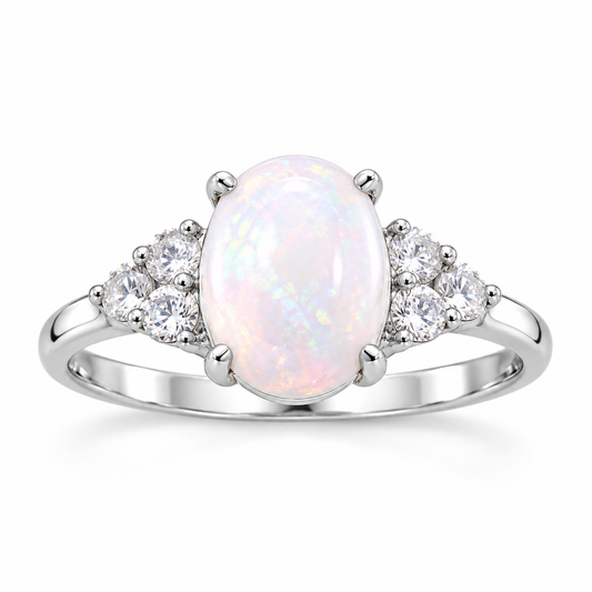Rhodium Plated Genuine Australian Opal Ring 925 Silver White Topaz 7x9mm