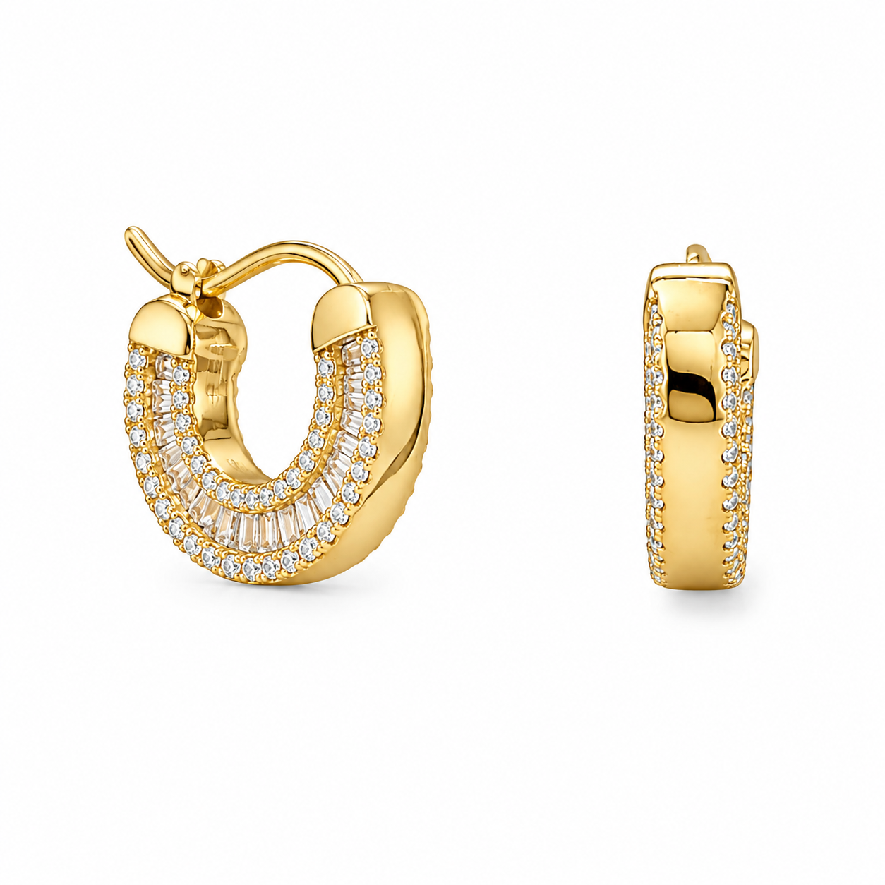 Baguette CZ Huggie Hoop Earrings 14K Gold Plated 925 Sterling Silver 236 CZs