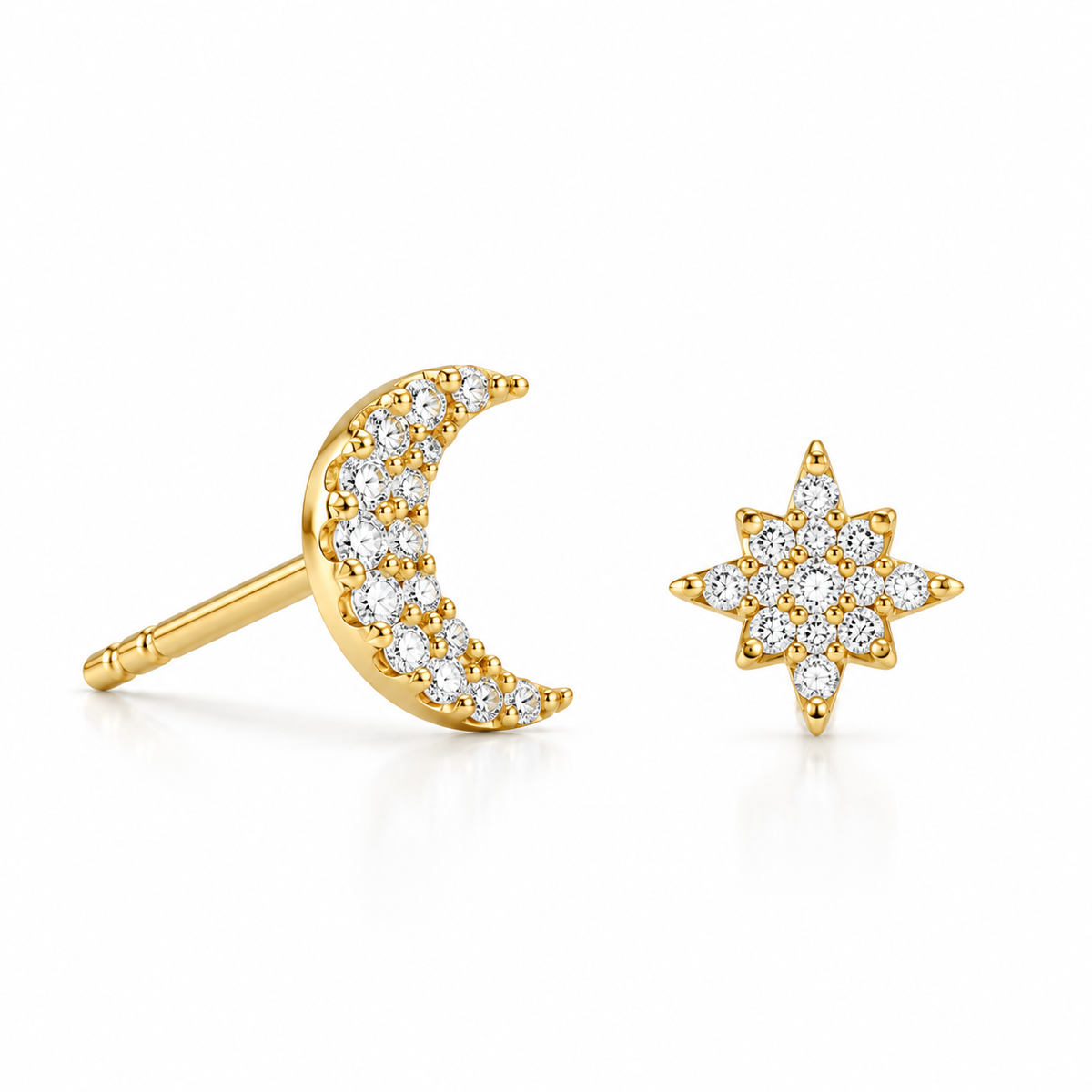 CZ Moon & Star Mismatched Stud Earrings 14K Gold Plated 925 Sterling Silver
