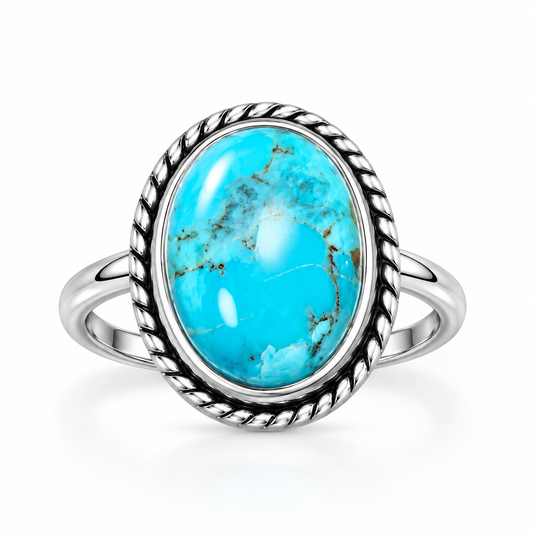 Oxidized Turquoise Rope Edge Ring 925 Silver 16x12mm 1.5mm Sizes 6-10