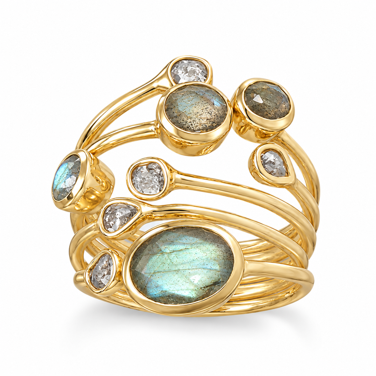 14K Gold Plated Polki Diamond Labradorite Multi Row Ring 925 0.25ctw Sizes 6-10