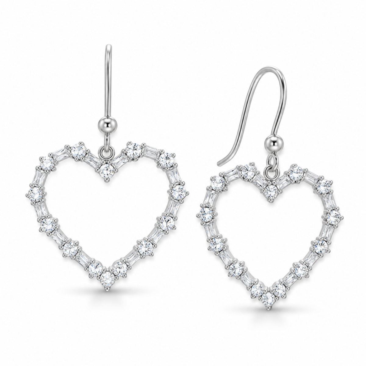 CZ Heart Outline French Wire Earrings Rhodium Plated 925 Sterling Silver 27mm
