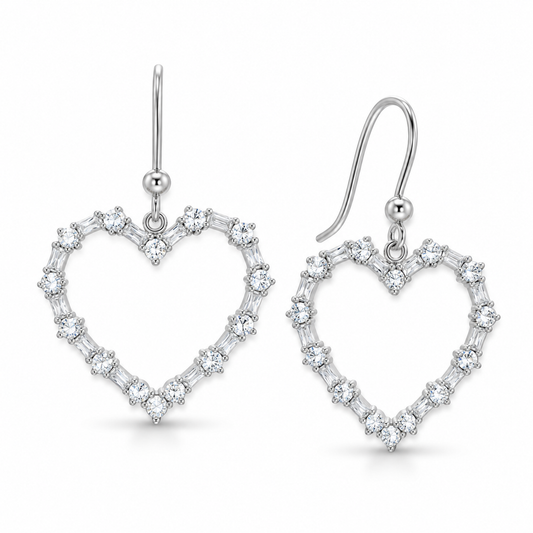 CZ Heart Outline French Wire Earrings Rhodium Plated 925 Sterling Silver 27mm