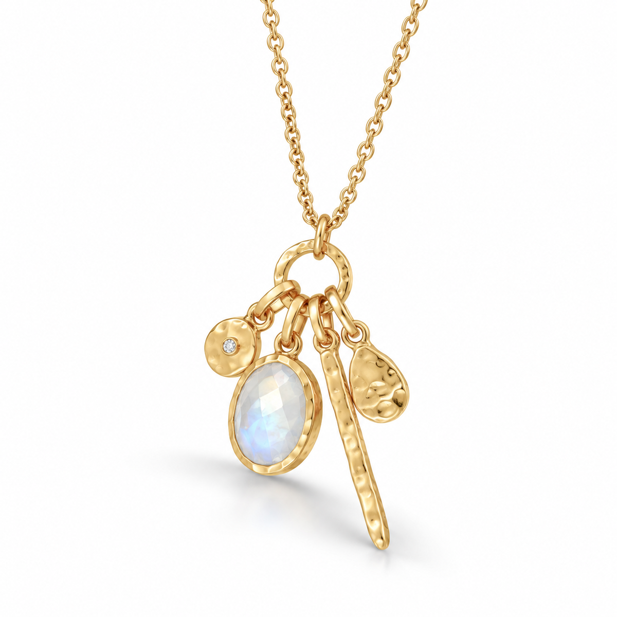 Moonstone Charm Drop Necklace 14K Gold Plated 925 Silver 4-Charm Hammered 26+2in