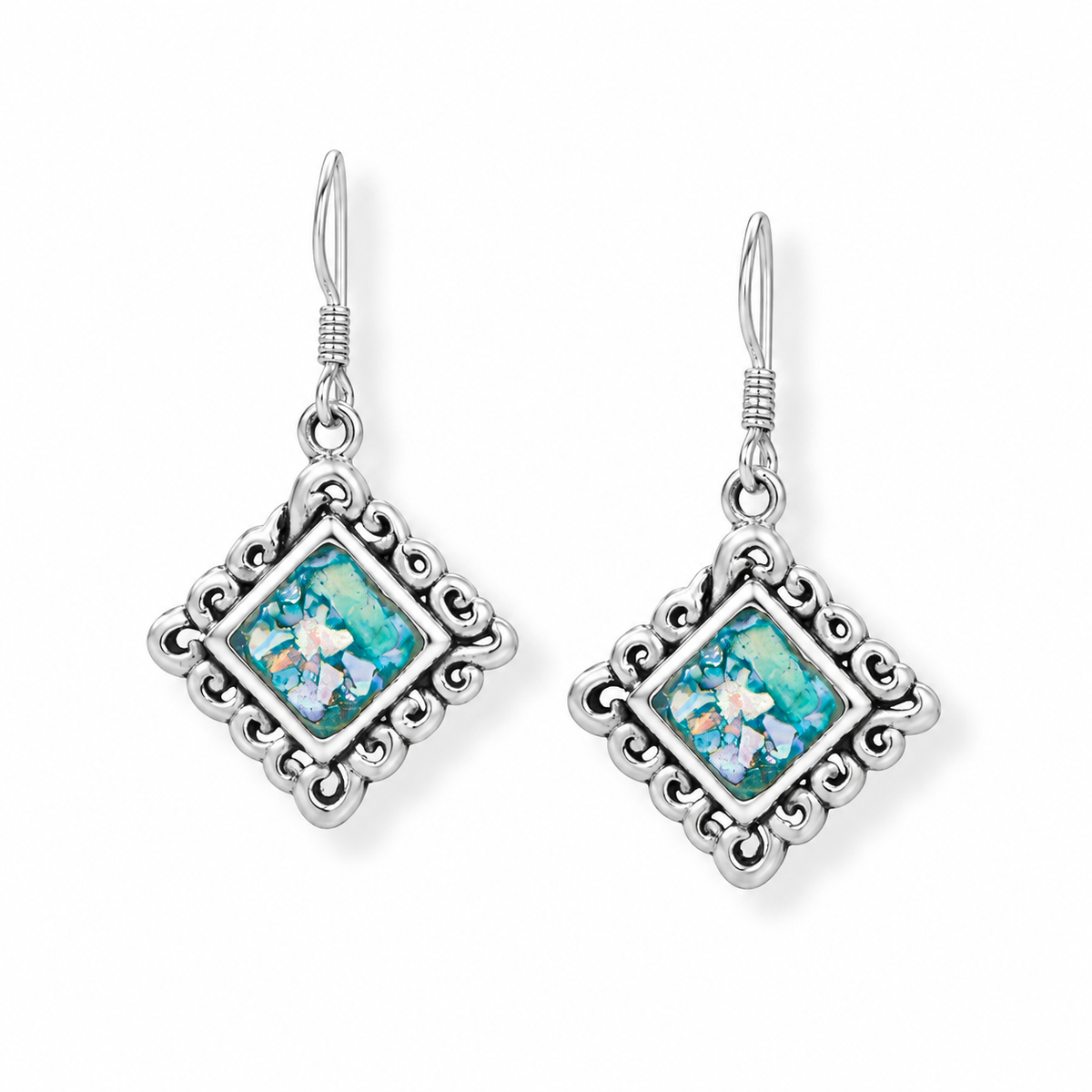 Square Roman Glass Swirl Dangle Earrings Oxidized 925 Sterling Silver w/ CoA