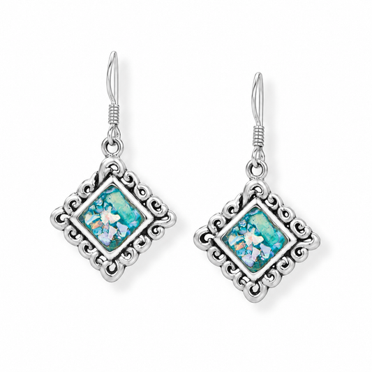 Square Roman Glass Swirl Dangle Earrings Oxidized 925 Sterling Silver w/ CoA