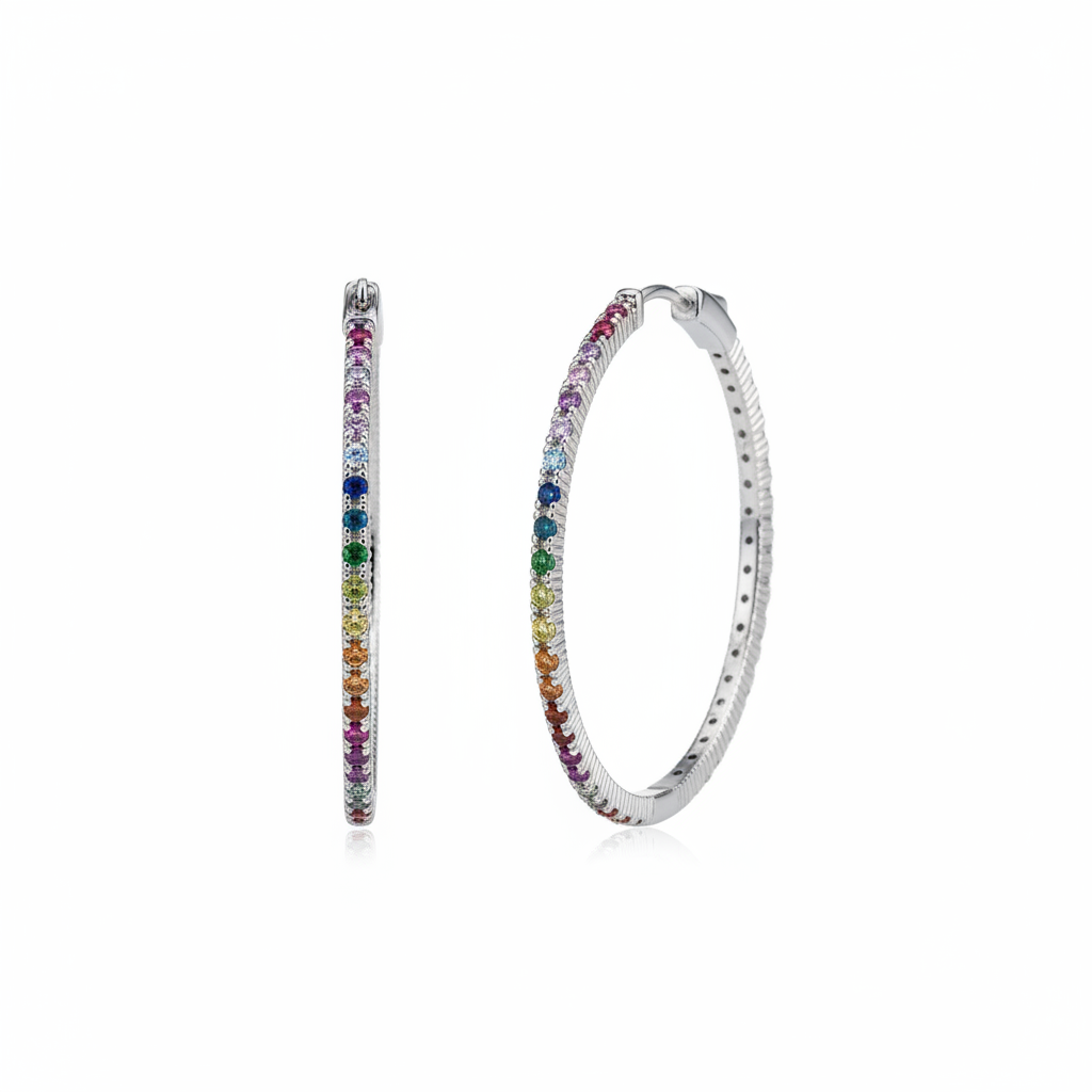 Detailed close-up of rainbow CZ hoops