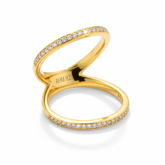 Double Band Open Pave CZ Gold Ring Tilted White Background 1x1