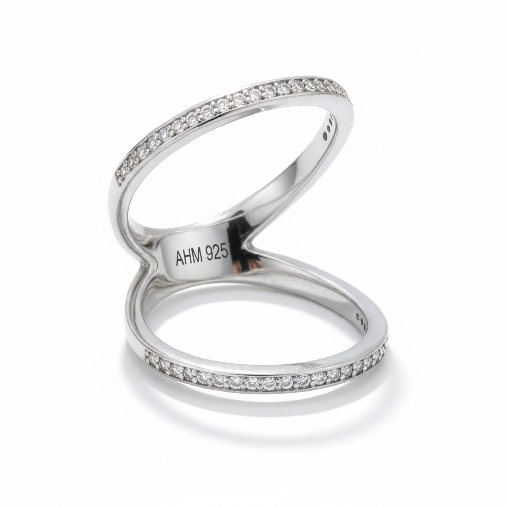 Double Band Open Pave CZ Silver Ring Tilted White Background 1x1