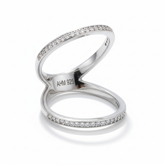 Double Band Open Pave CZ Silver Ring Tilted White Background 1x1