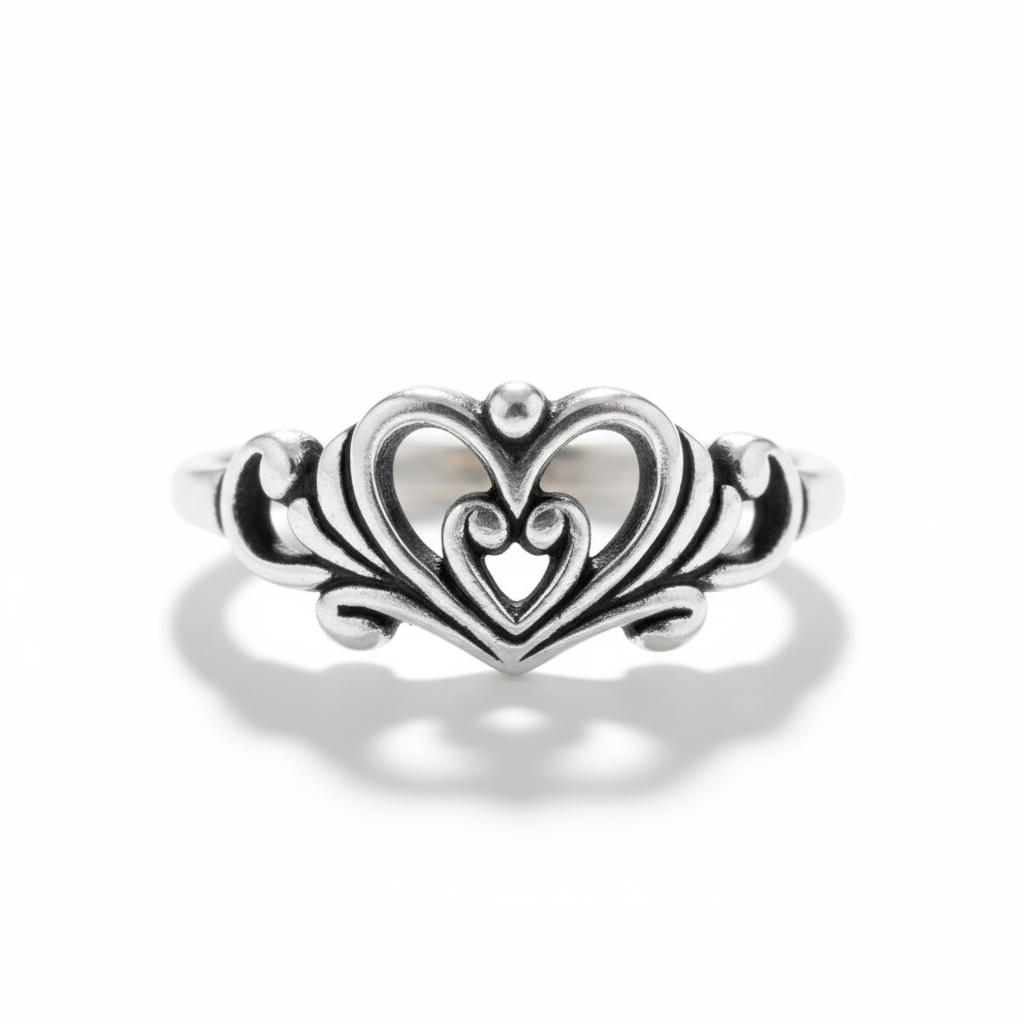 Double Heart Crown Oxidized Silver Ring Pure White Background 1x1