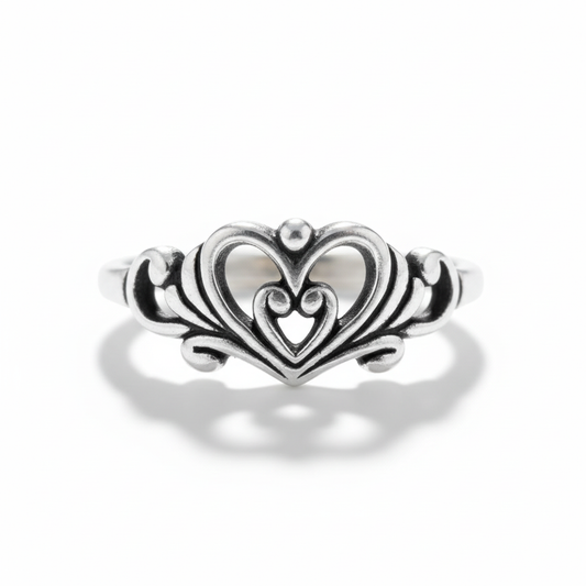 Double Heart Crown Oxidized Silver Ring Pure White Background 1x1