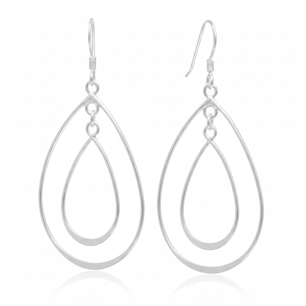 Double Teardrop Silver Earrings - White Background