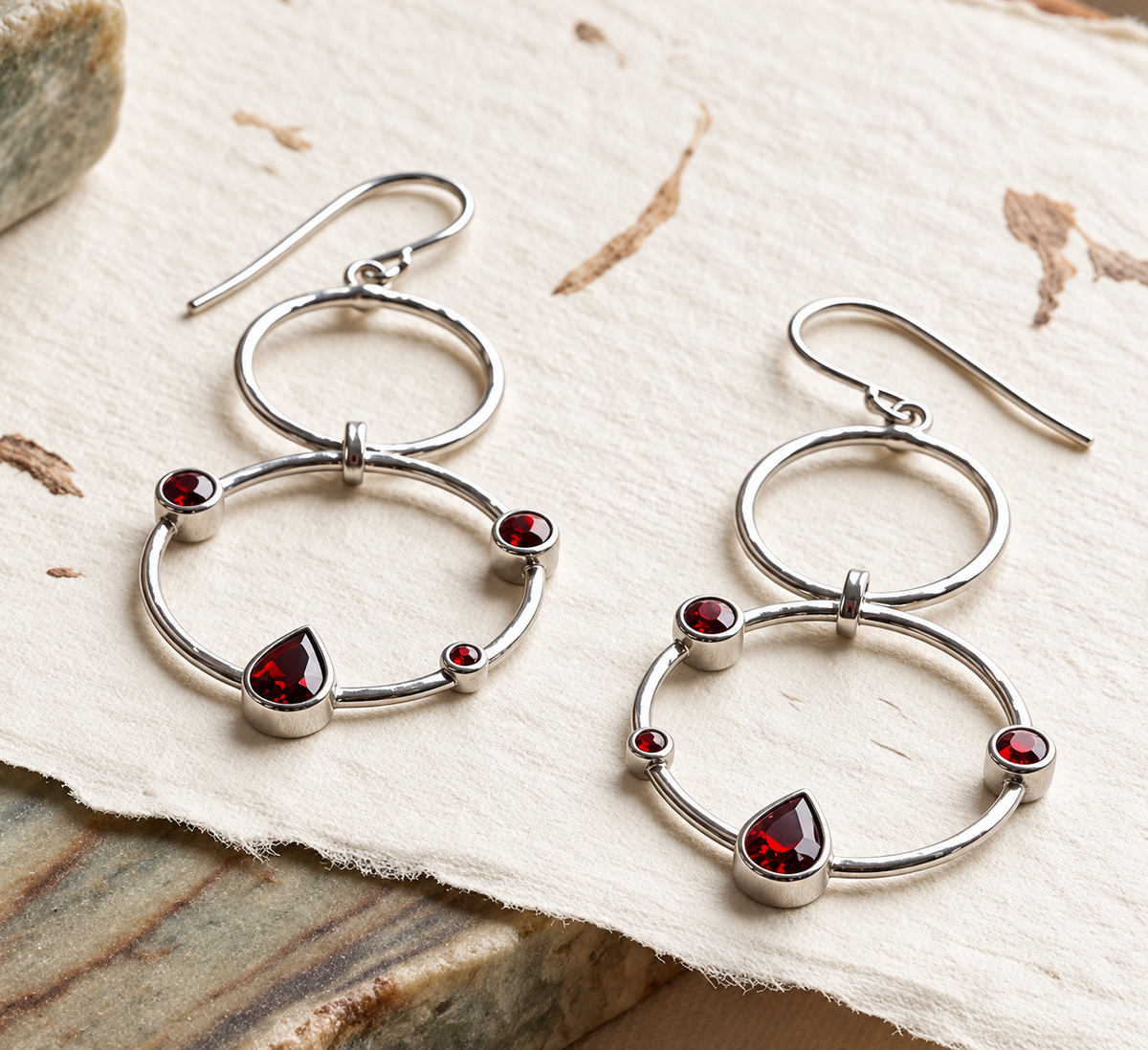 Garnet Hammered Circle Drop Earrings Rhodium Plated 925 Sterling Silver 55mm