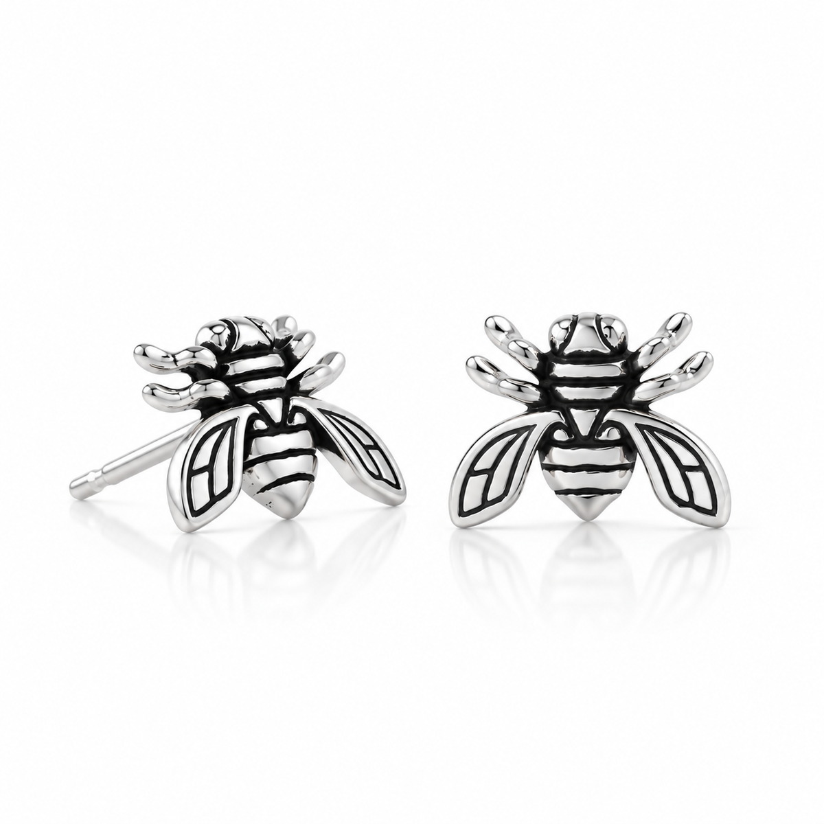 Oxidized Bee Stud Earrings 925 Sterling Silver Vintage Detail 10.5mm