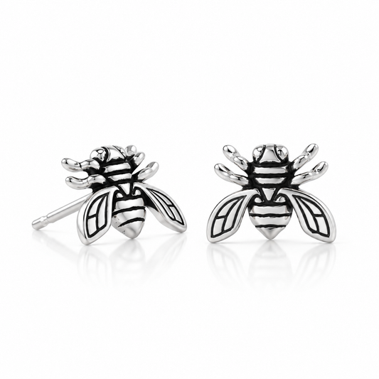 Oxidized Bee Stud Earrings 925 Sterling Silver Vintage Detail 10.5mm