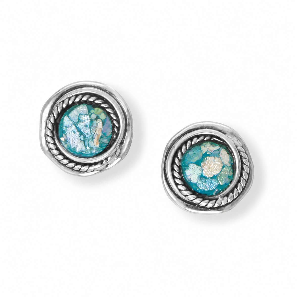 Roman Glass Rope Edge Stud Earrings 925 Sterling Silver 7.2mm w/ Certificate