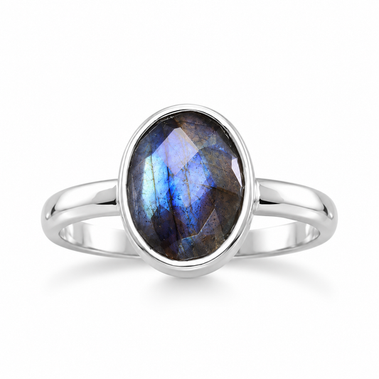 Faceted Oval Labradorite Ring 925 Sterling Silver 7x9mm