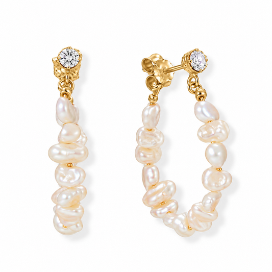Cultured Freshwater Pearl Hoop Earrings 14K Gold Plated 925 Sterling Silver 22mm