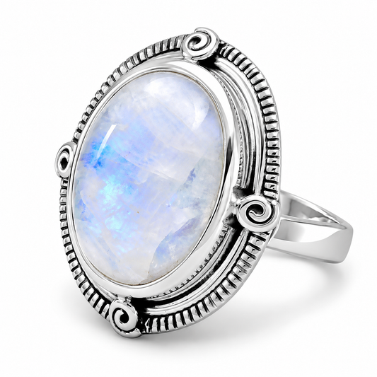 Oxidized Oval Rainbow Moonstone Ring 925 Silver Rope Edge 14.5x19.5mm