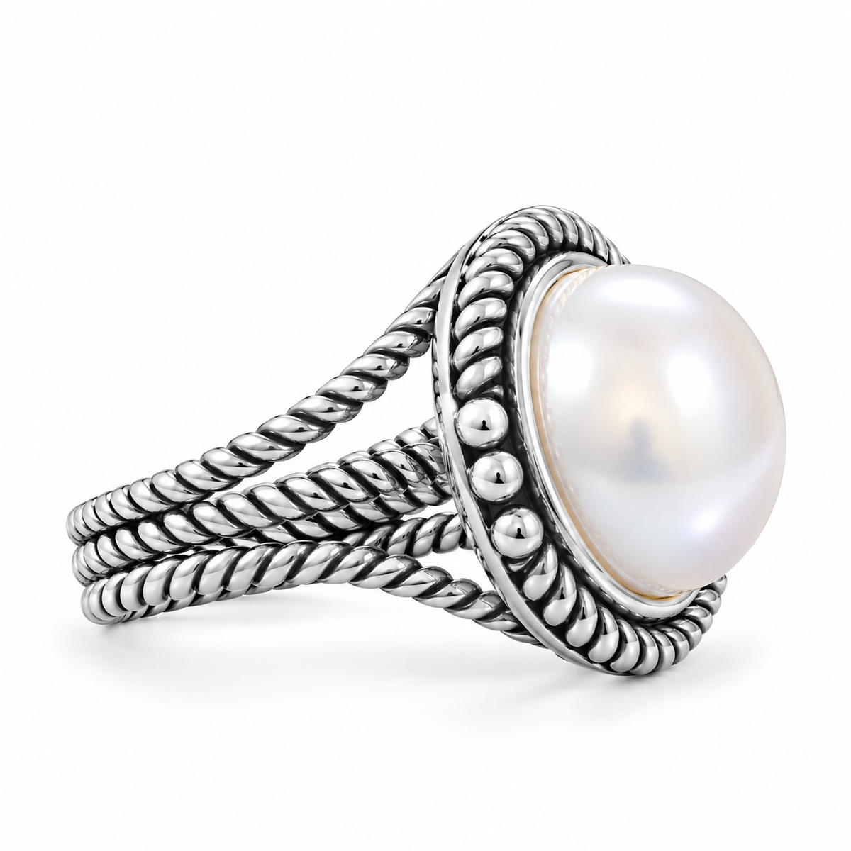 Oxidized Three Band Rope Design Jumbo Button Pearl Ring 925 Silver 12mm Sizes 6-9