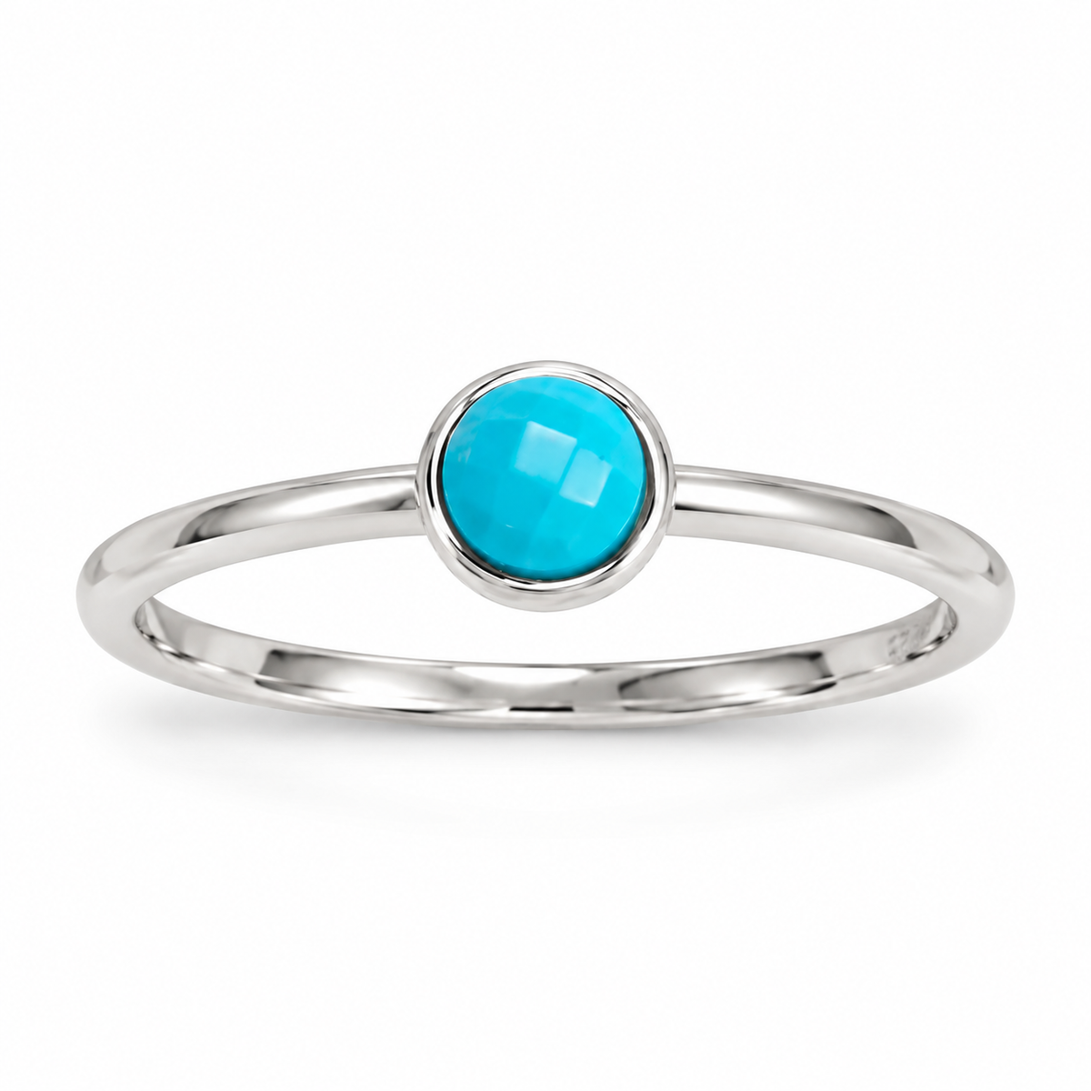Reconstituted Turquoise Ring Rhodium Plated 925 Silver 5mm Faceted 1.4mm Sizes 6-9