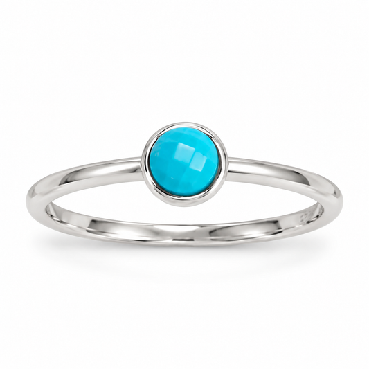 Reconstituted Turquoise Ring Rhodium Plated 925 Silver 5mm Faceted 1.4mm Sizes 6-9