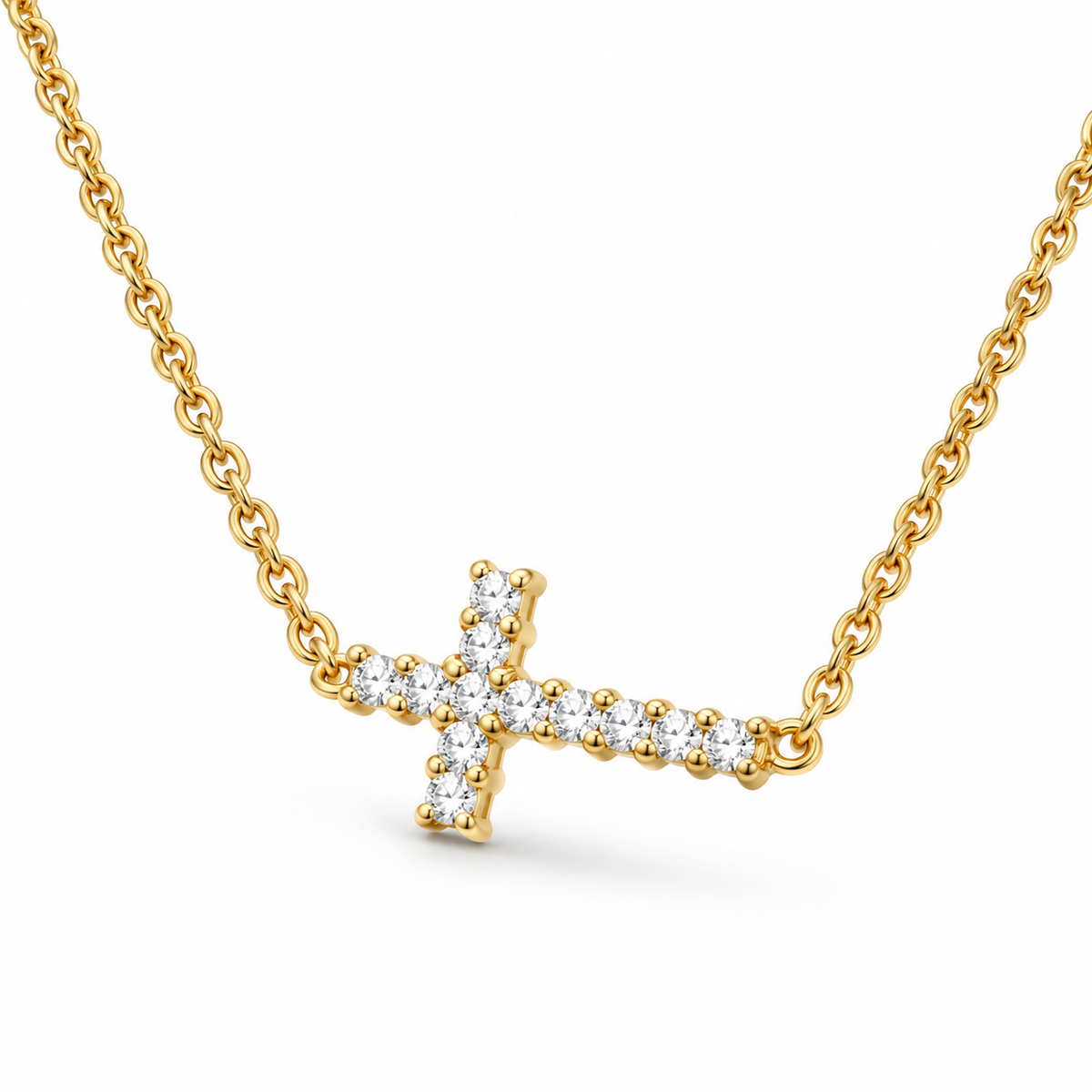 CZ Sideways Cross Necklace 14K Gold Plated 925 Silver 6.5x11mm 12CZ Lobster