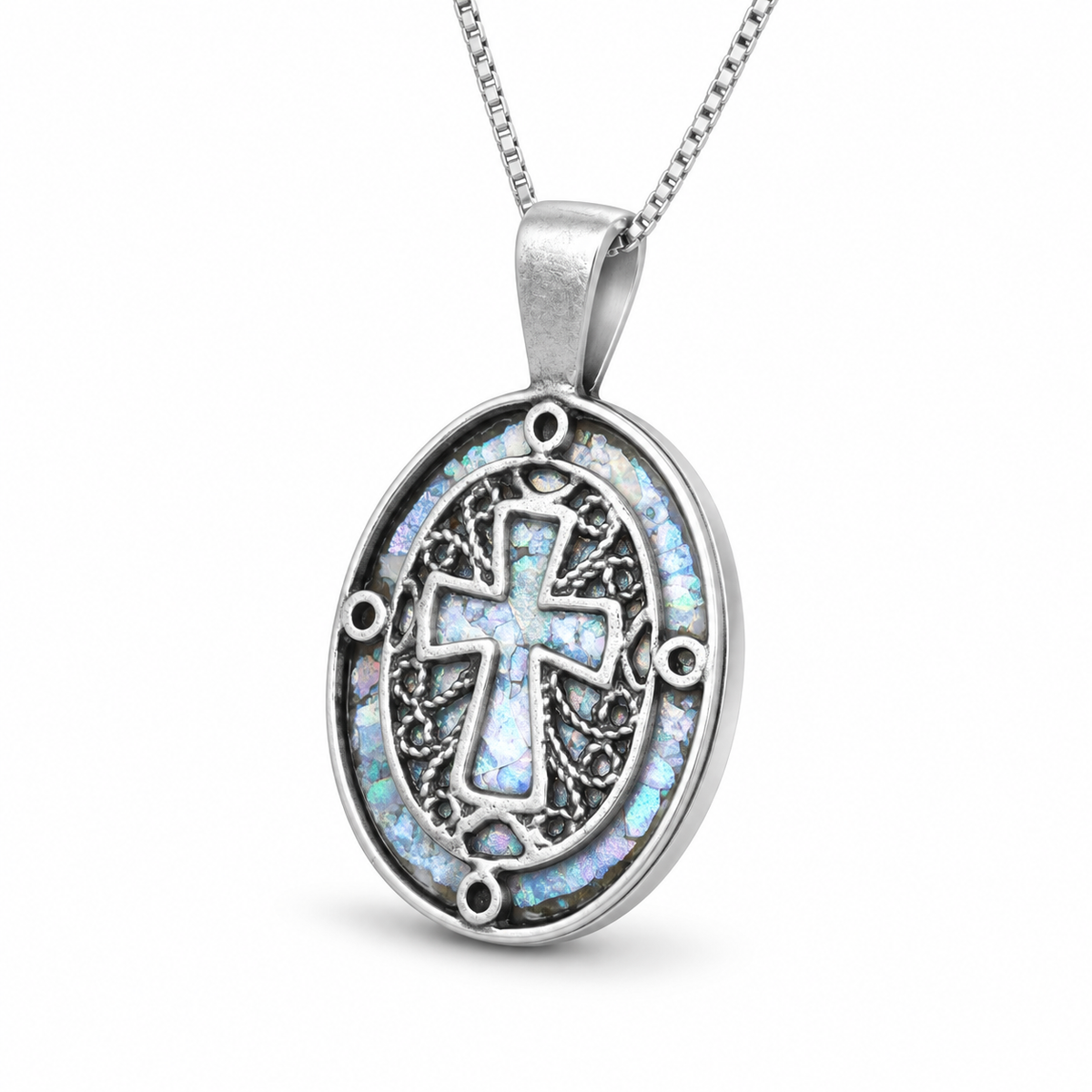 Roman Glass Oval Cutout Cross Necklace 925 Silver Box Chain 20x17mm w/Cert
