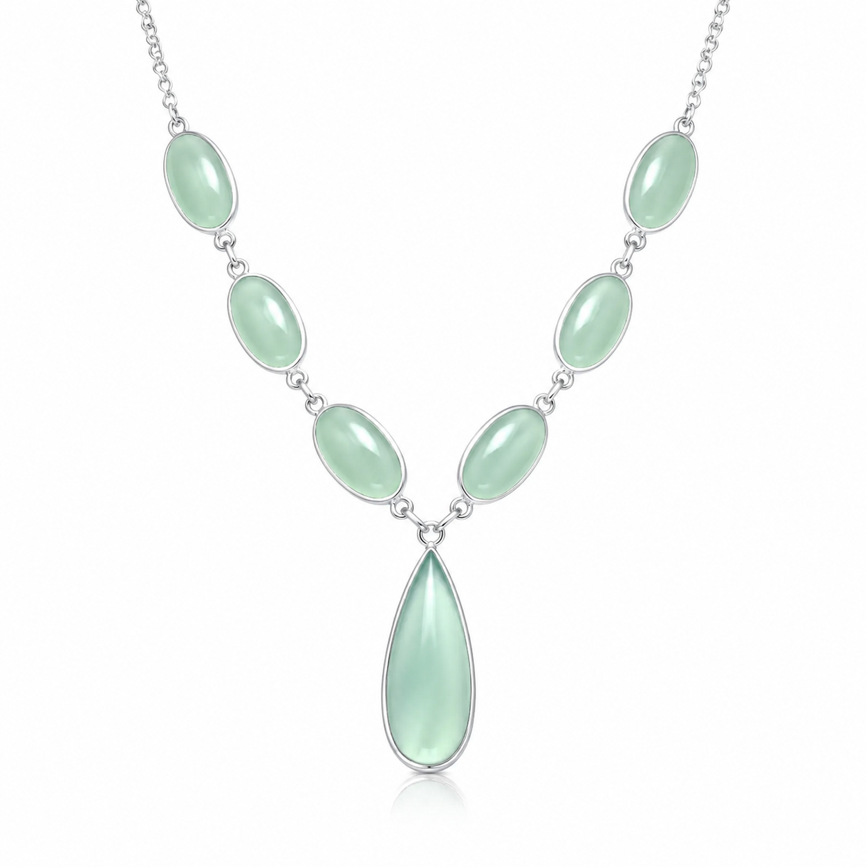 Sea Green Chalcedony Drop Necklace 925 Sterling Silver Oval Pear 17.5 Inch