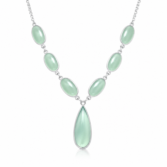Sea Green Chalcedony Drop Necklace 925 Sterling Silver Oval Pear 17.5 Inch