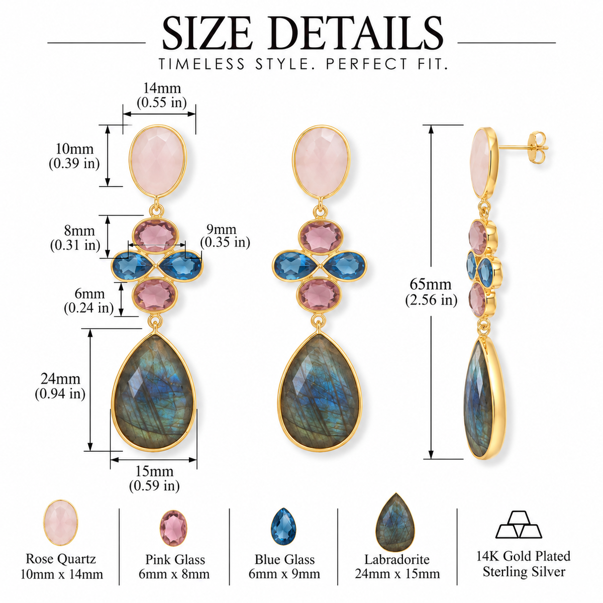 Labradorite Rose Quartz Drop Earrings 14K Gold Plated 925 Sterling Silver 65mm