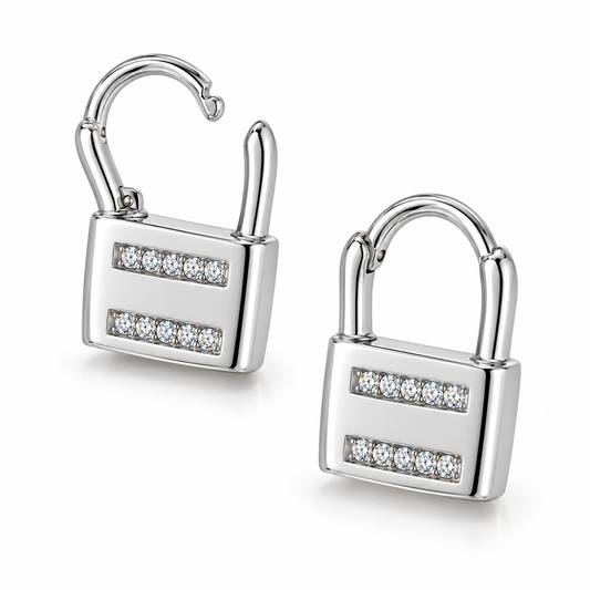 CZ Lock Huggie Earrings Rhodium Plated 925 Sterling Silver 15.7x10mm
