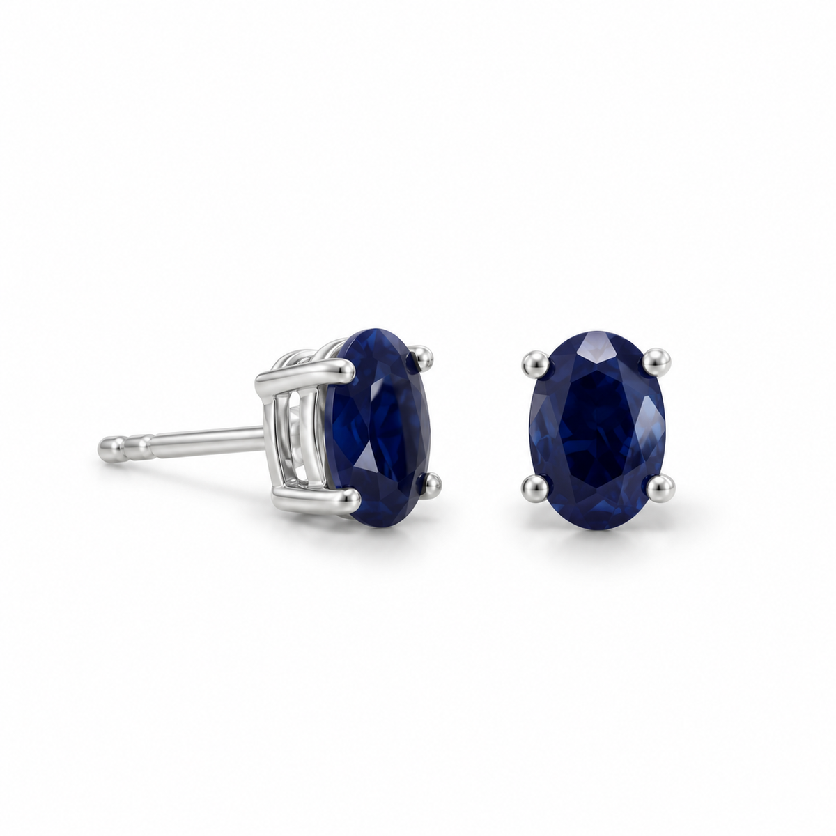 Blue Corundum Oval Stud Earrings 925 Sterling Silver 4x6mm Faceted Four-Prong