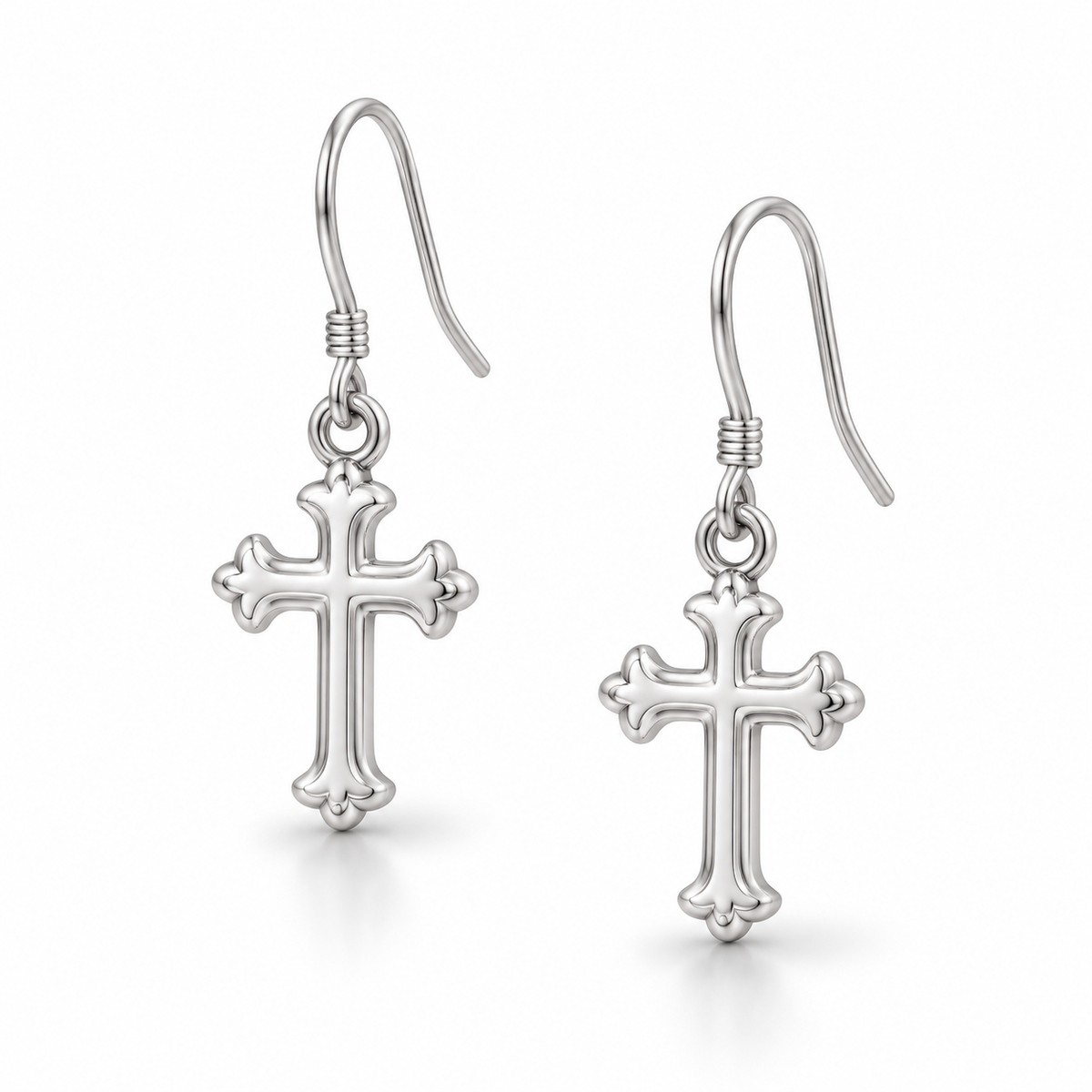 Ornate Polished Cross French Wire Earrings 925 Sterling Silver 16mm