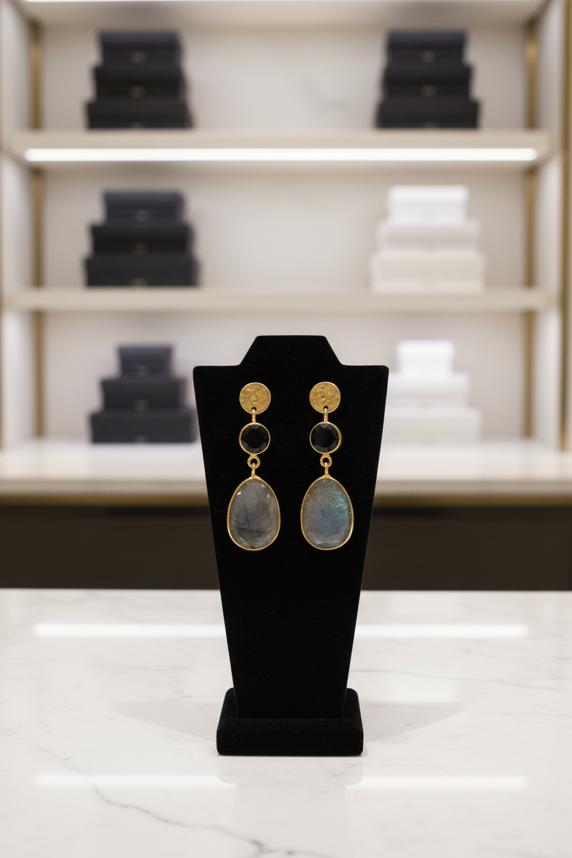 Earrings on black velvet in modern store