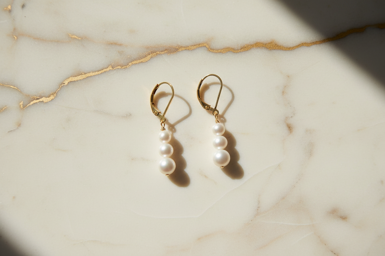 Earrings on cream marble with gold veining