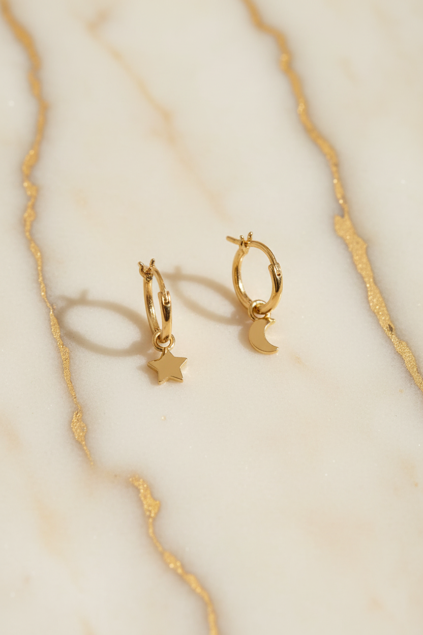 Earrings on cream marble with gold veining