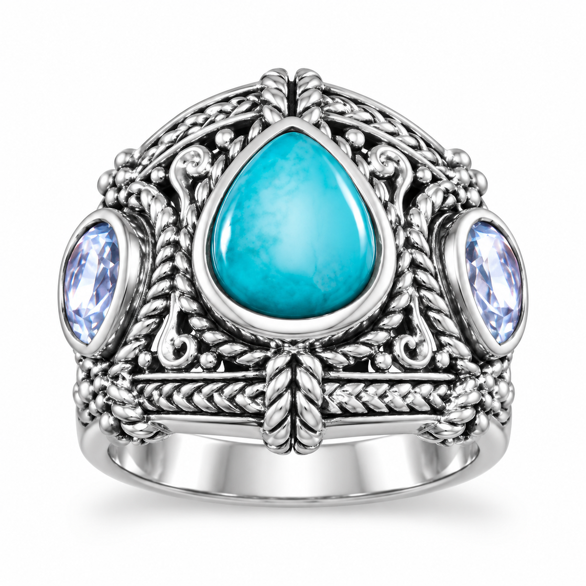 Oxidized 3-Stone Pear Ring 925 Silver Blue Topaz Turquoise Ornate Sizes 6-10