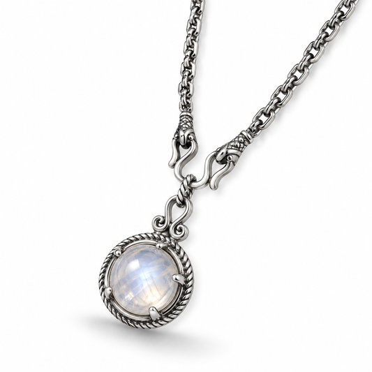 Reversible Lapis Moonstone Necklace Oxidized 925 Silver 10mm Pendant 18+2in