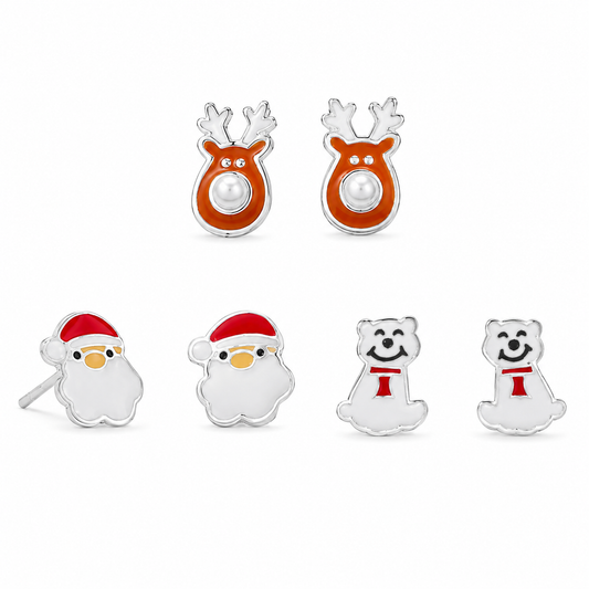 Christmas Enamel Studs 925 Sterling Silver Santa Reindeer Polar Bear 3 Pairs