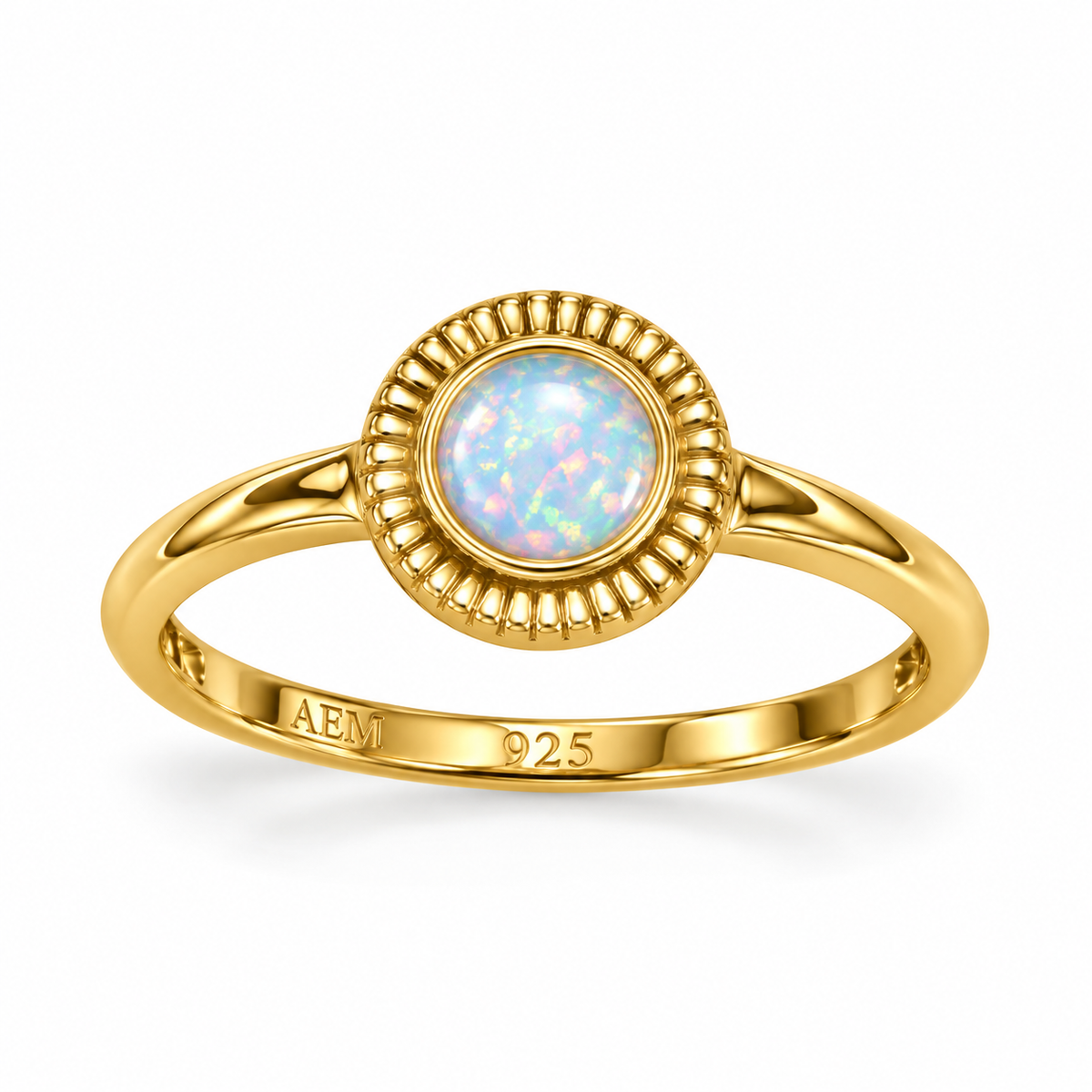 14K Gold Plated Blue Synthetic Opal Textured Disc Ring 5mm 8.6mm 1.9mm Sizes 5-9