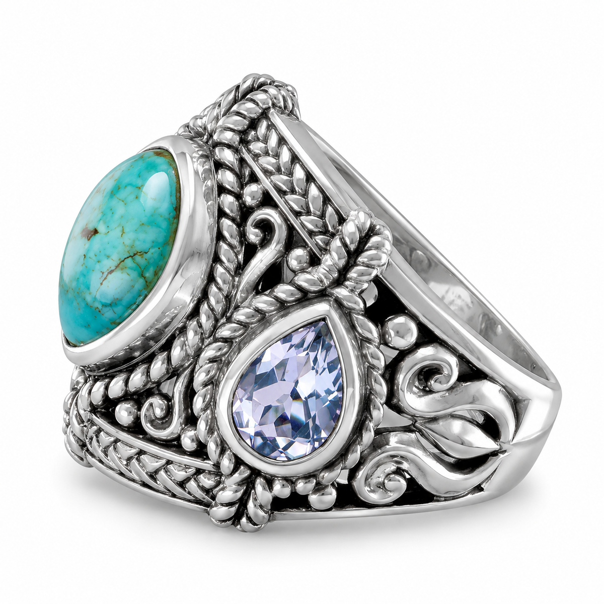 Oxidized 3-Stone Pear Ring 925 Silver Blue Topaz Turquoise Ornate Sizes 6-10