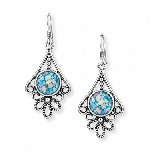 Round Roman Glass Loop Dot Dangle Earrings Oxidized 925 Sterling Silver w/ CoA