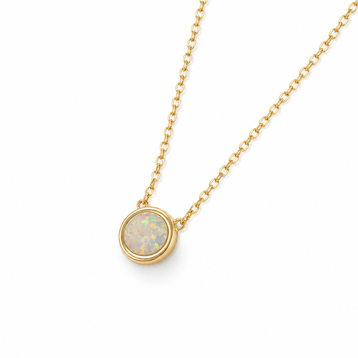 Mini Synthetic White Opal Circle Necklace 14K Gold Plated 925 Silver Bezel 6.8mm